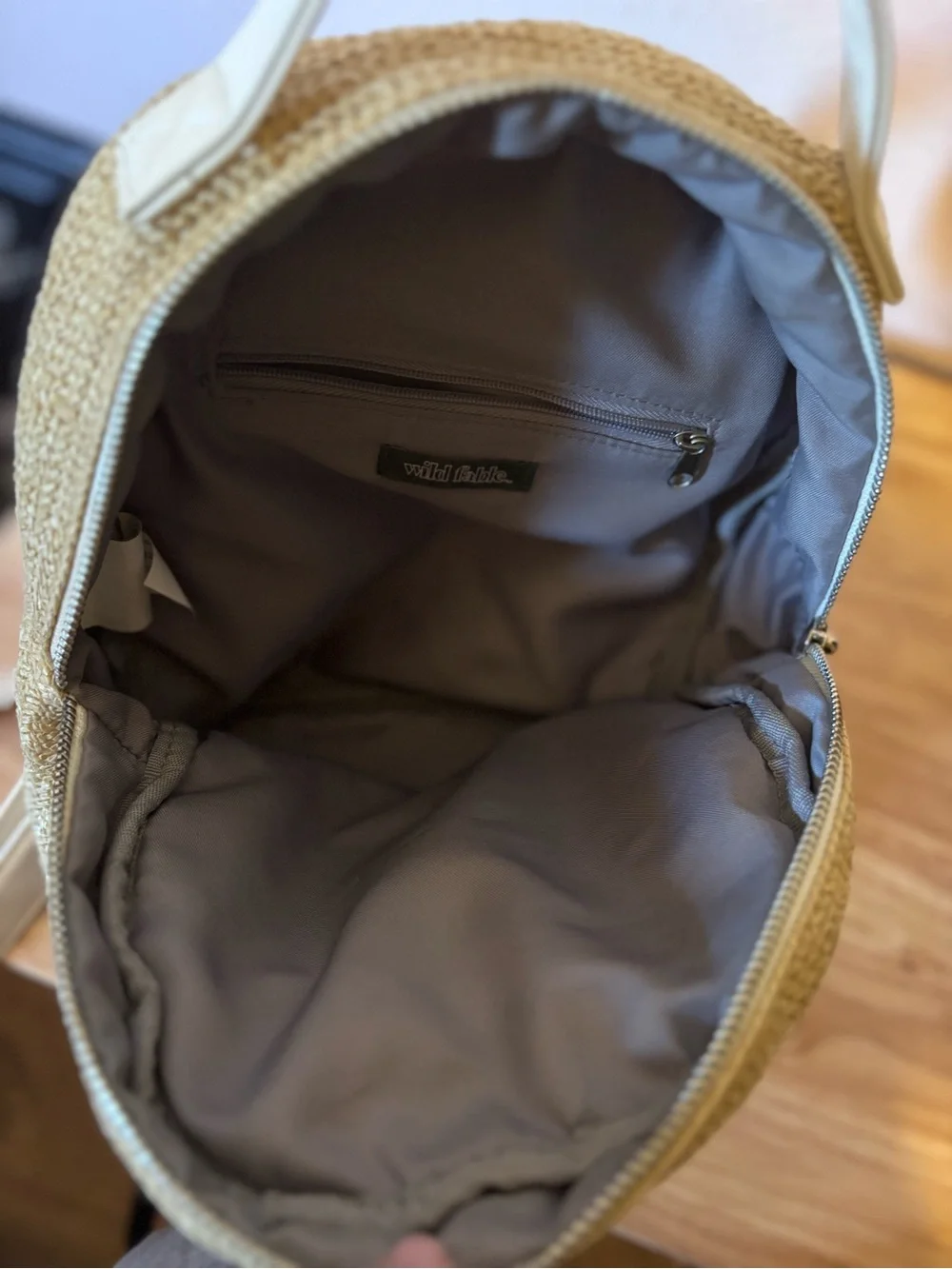 Wold Fable Woman’s Straw Mini Backpack with White Trim